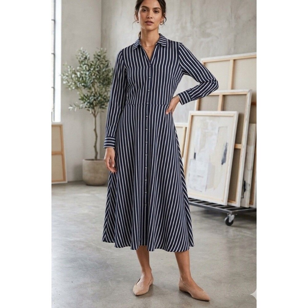 Boden Marcia Shirt Midi Dress Womens 8R Navy White Stripe Jersey Office Preppy